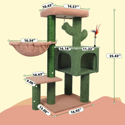 35.4" Desert Cactus Cat Tree with Scratching Toy, Hanging Ball, Cat Tower Furniture Sisal-Covered Scratching Posts,Green