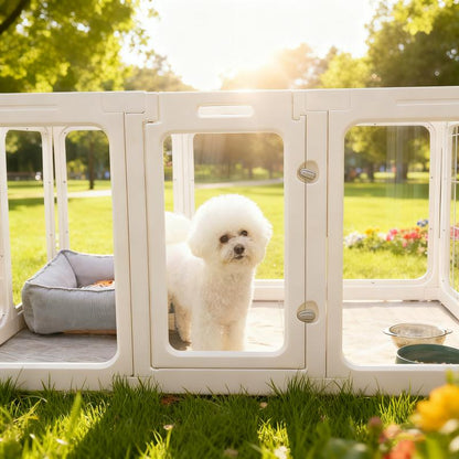 Clear Acrylic Dog Playpen with Gate – 23.6” Tall Indoor Pet Pen for Puppies, Cats & Bunnies | Foldable, Easy-Assemble Whelping Box (8- or 10-Panel)