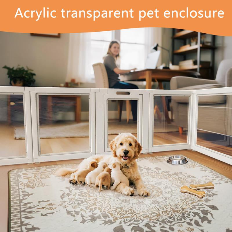 Clear Acrylic Dog Playpen with Gate – 23.6” Tall Indoor Pet Pen for Puppies, Cats & Bunnies | Foldable, Easy-Assemble Whelping Box (8- or 10-Panel)