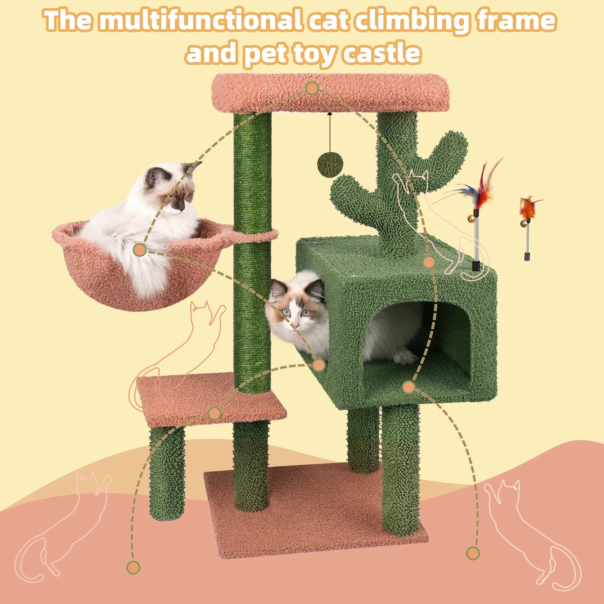 35.4" Desert Cactus Cat Tree with Scratching Toy, Hanging Ball, Cat Tower Furniture Sisal-Covered Scratching Posts,Green