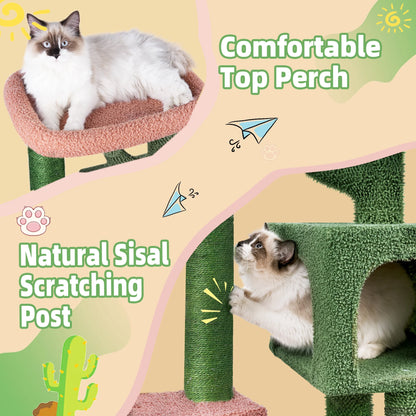 35.4" Desert Cactus Cat Tree with Scratching Toy, Hanging Ball, Cat Tower Furniture Sisal-Covered Scratching Posts,Green